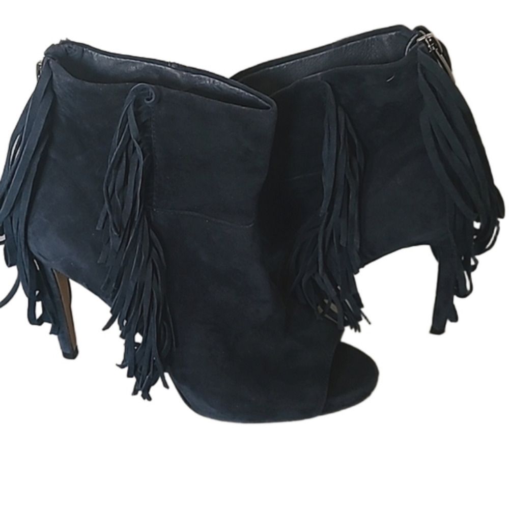 Vince Camuto Navy Blue Suede Fringe Heeled Ankle Boot Size 6.5